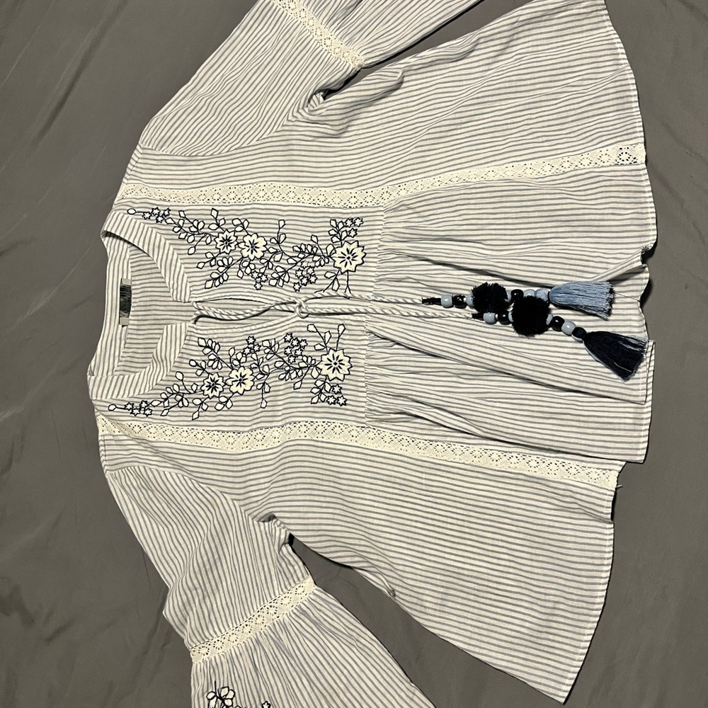 Zara Blue and White Striped Floral Blouse